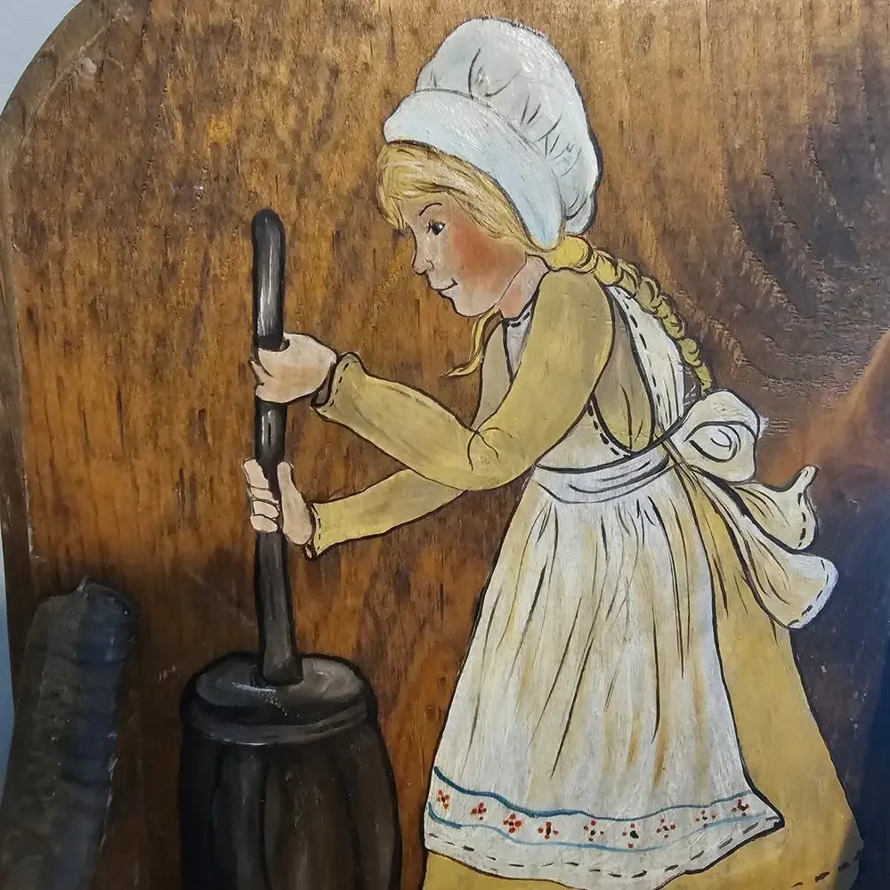 Vintage Hand Painted Wood Panel Holder Prairie Girl Rustic Cottage 70s Farmhouse